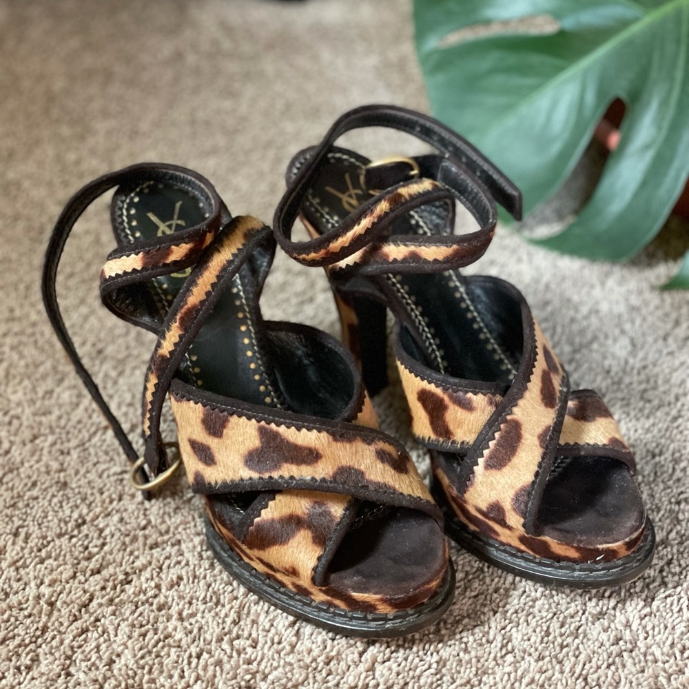 Yves Saint Laurent Leopard Ankle Strap Heels